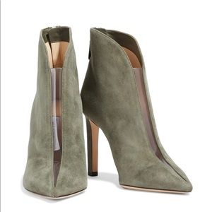 New green suede heeled booties